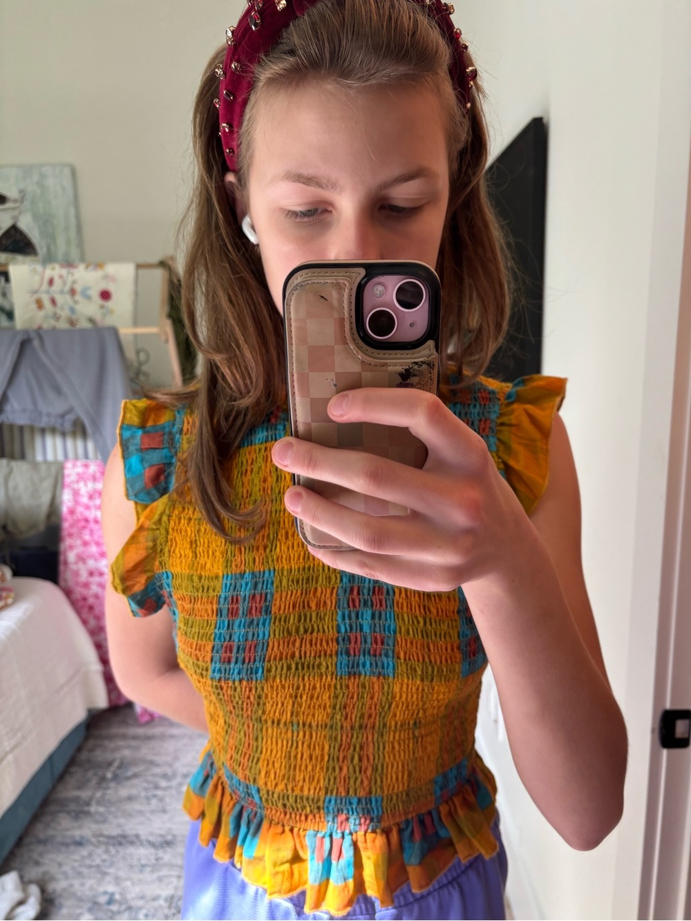 ANDREE BY UNIT Yellow Plaid Smocked Ruffle Tank with Blue Accents